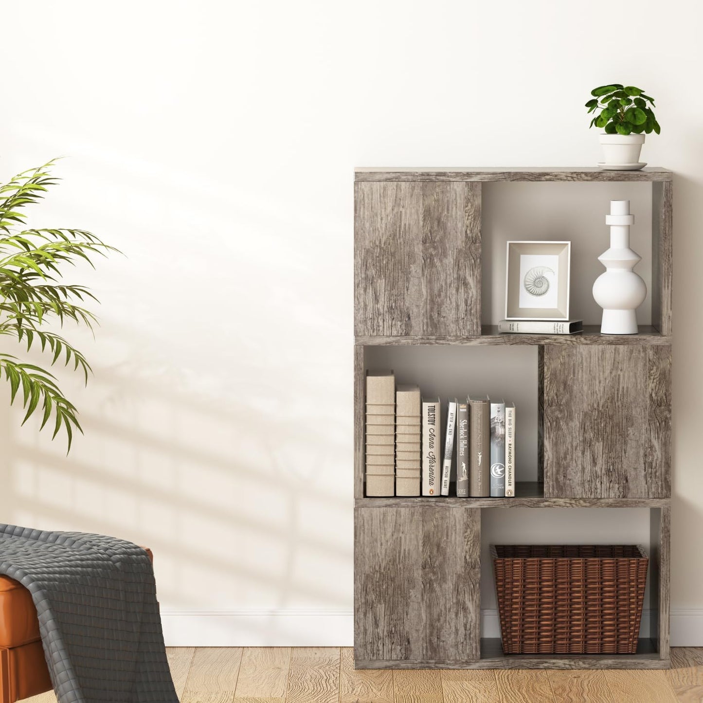 GHC 3 Tier Bookshelf, Wood Decorative Storage Shelving, Modern Freestanding Display Shelves, Tall Book Shelf Unit for Living Room, Bedroom, Office-Gray