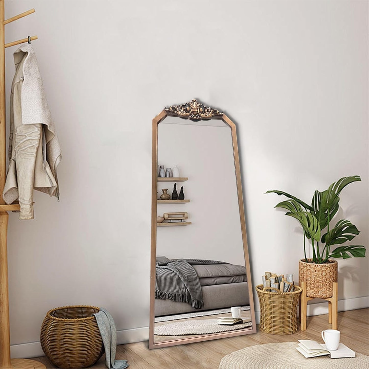 POZINO Brass Vintage Mirror,47.2"x 24" Arched Decorative Wall Mirror with Metal Frame, Ornate Gold Crown Molding, Traditional Antique Trapezoid Mirrors for Entryway Fireplace Living Room Bathroom