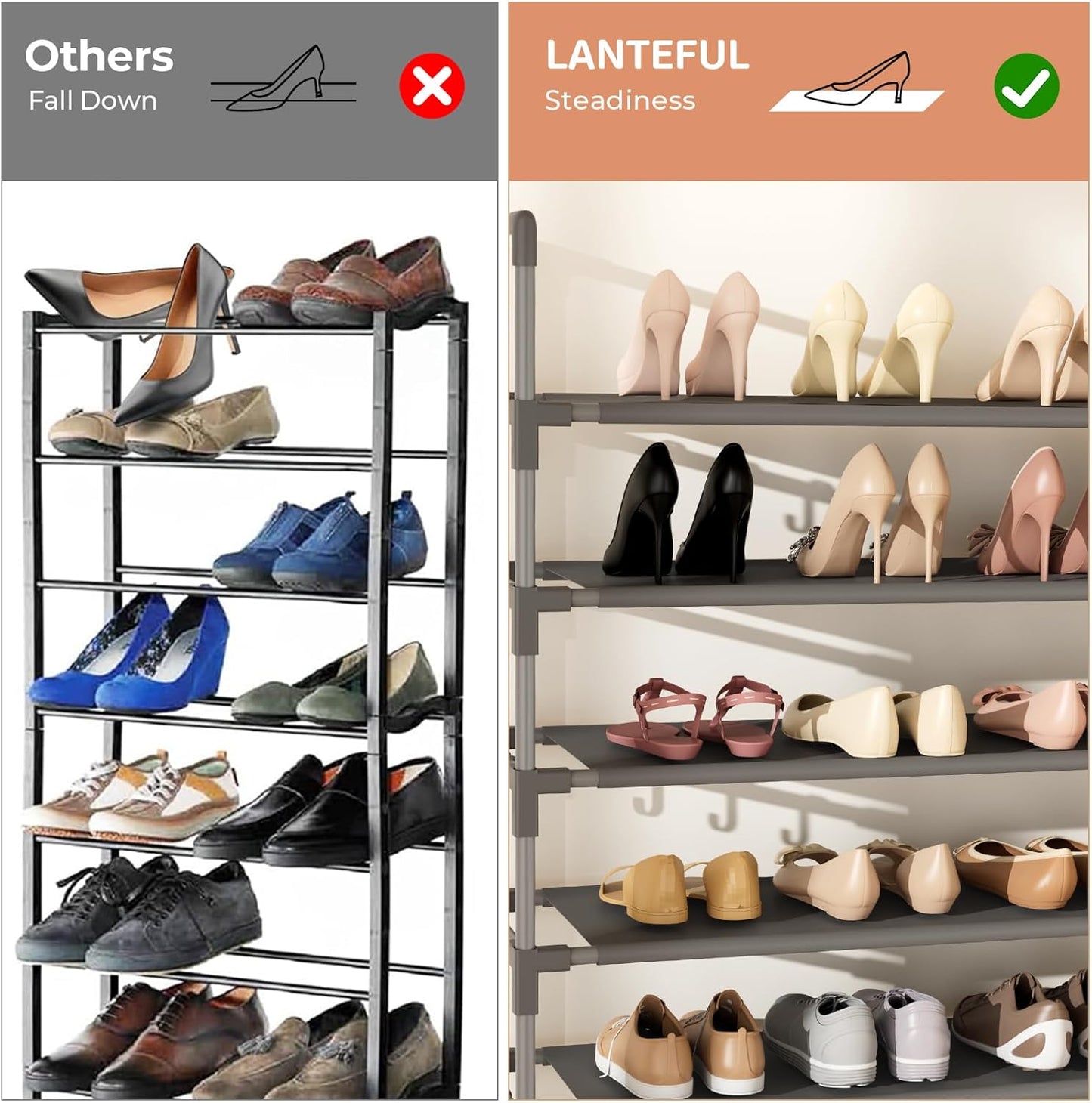 Tall Shoe Rack 10 Tier Shoe Organizer Large Shoe Shelf with 18 Hooks Storage for 50 Pair Sneaker and Boot, Stackable Vertical Shoe Rack Organizer for Closet, Entryway, Bedroom, Grey