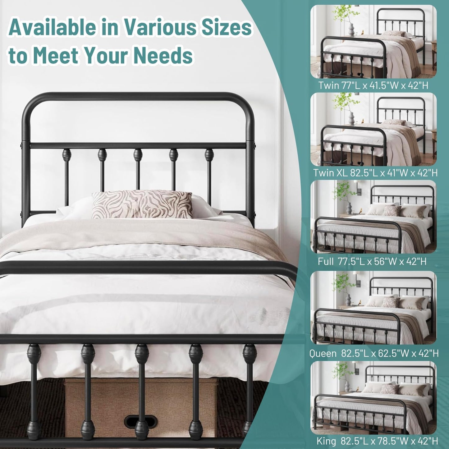 Queen Bed Frame-Classic Metal Platform Bed Frame Mattress Foundation with Victorian Style Iron-Art Headboard/Footboard/Under Bed Storage/No Box Spring Needed/Black