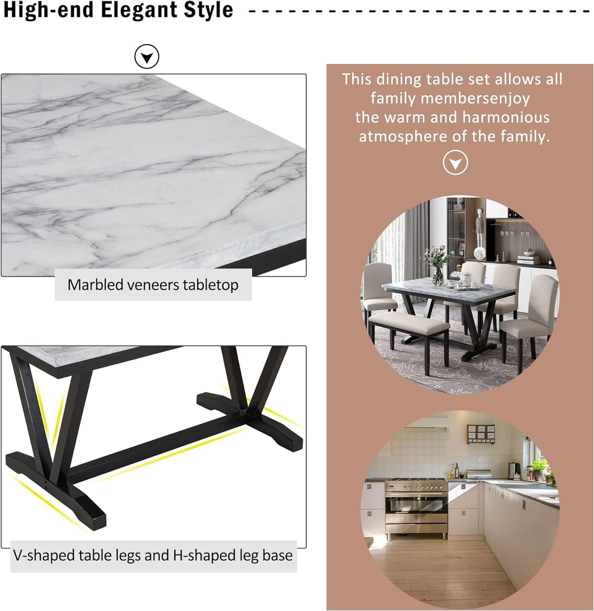 6 Pieces Dining Table Set with 60" Rectangle Marbled Veneers Tabletop Kitchen Desk,Living Room Furniture W/ 4 Chairs & 1 Bench,for Restaurant,Home Bistro,White