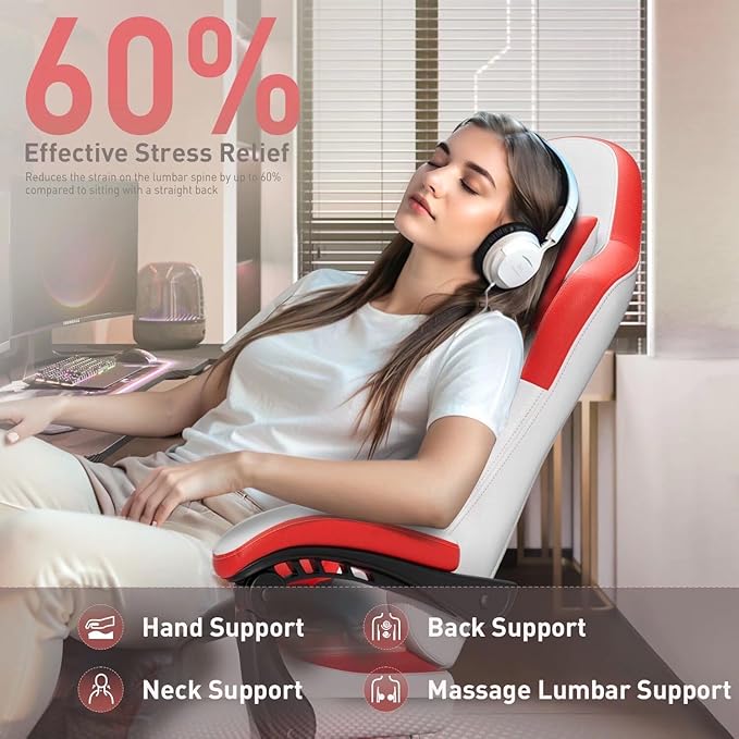 HLDIRECT Gaming Chair, Ergonomic Video Game Seat with 360° Swivel & Lumbar Massage, Computer Chair PU Leather Cushion for Adults Home/Office Use (White & Red)