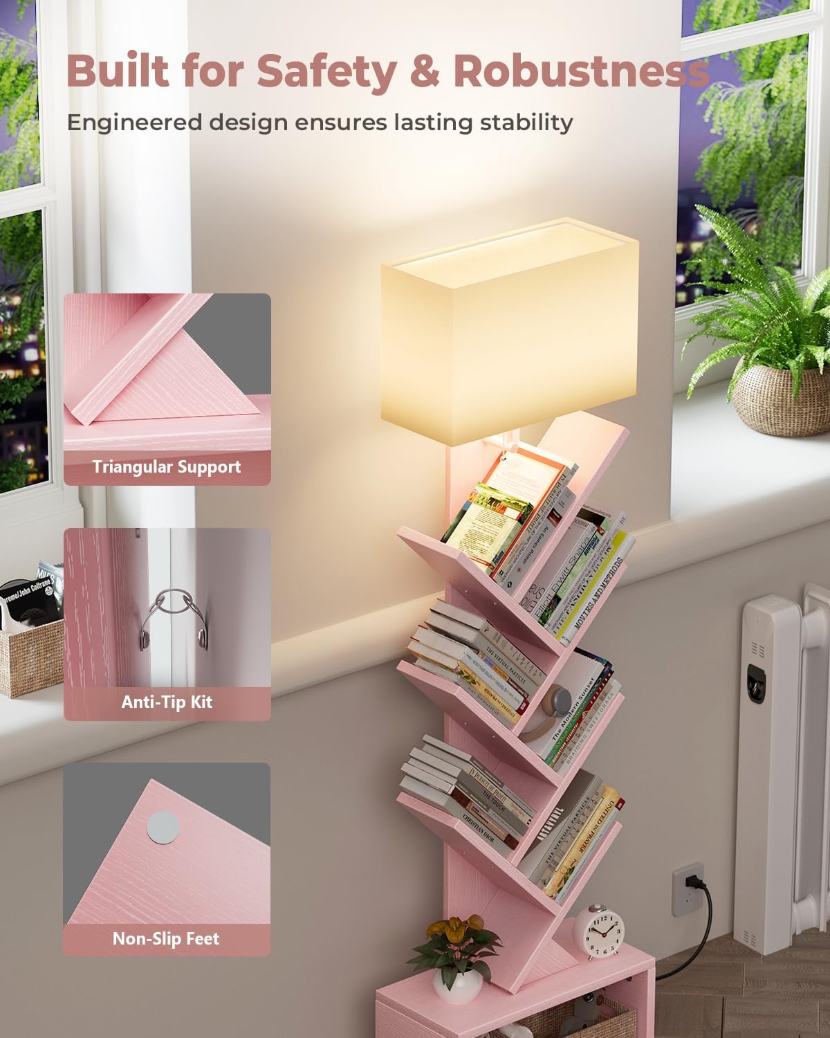 6 Tier Tree Bookshelf with Light, Narrow Bookcase Tower, Tall Floor Standing Book Shelf Organizer with Storage Cabinet for Living Room, Bedroom and Home Office, Pink
