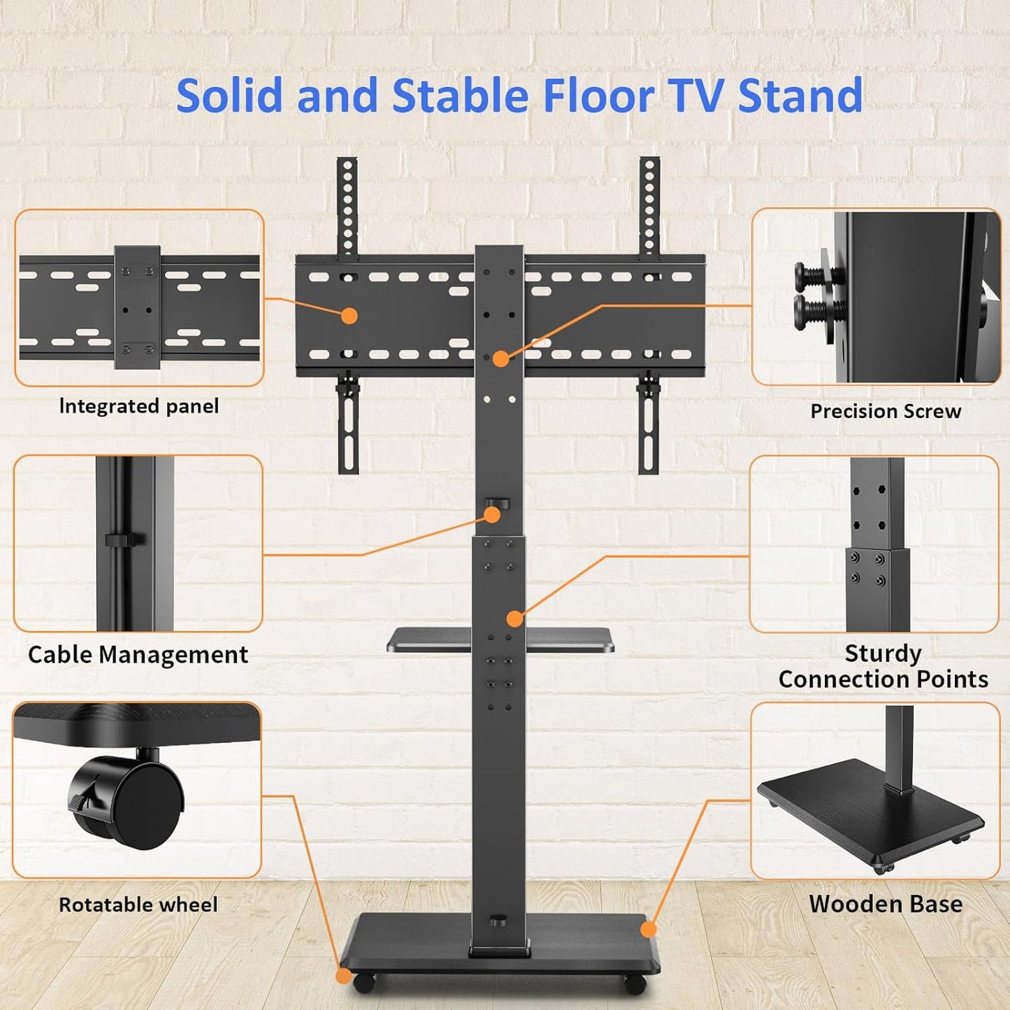 Rolling TV Stand, Mobile TV Cart for 32-75 Inch TVs up to 110 lbs, 18 Adjustable Heights, TV Floor Stand with Swivel Mount & Shelf, Max VESA 600x400mm, TV Stand on Wheels for Bedroom, Office, Outdoor