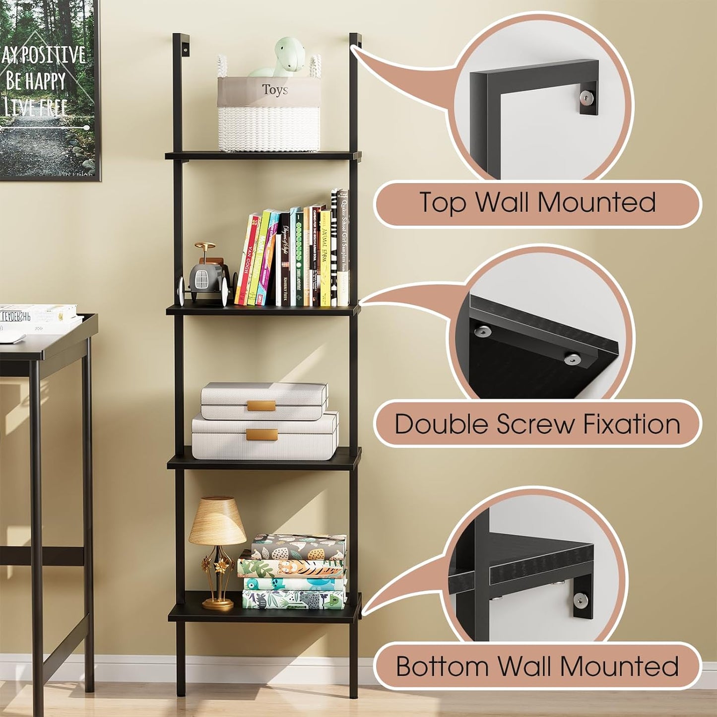 Ladder Shelf 4 Tiers Metal Industrial Bookshelf,Black Wooden Tall Open Storage Rack and Display Shelves,Wall Mount Wide Book Case for Home Office Bedroom,Small
