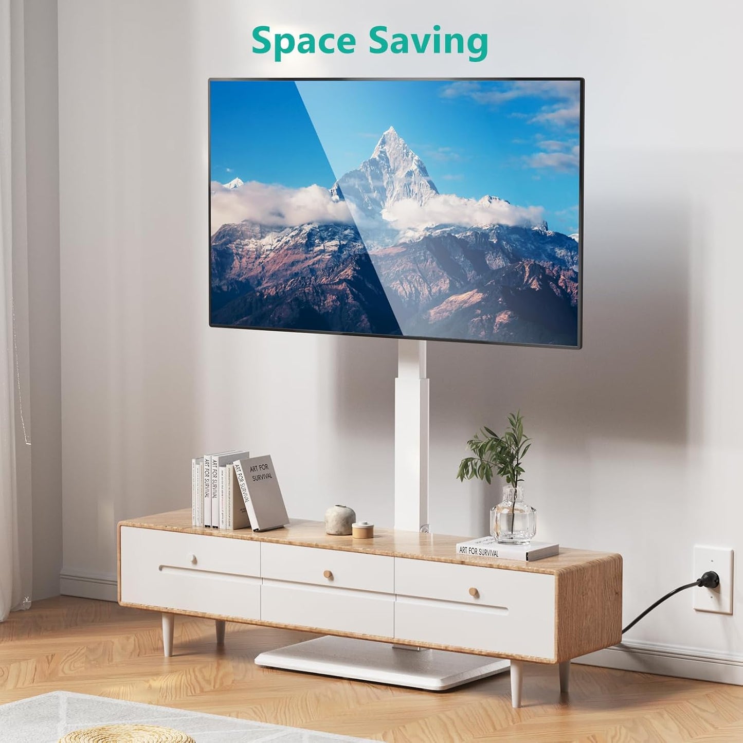 WALI Floor TV Stand with Power Outlet, Tall TV Stand Mount for 32-75 inch TVs up to 110 lbs, Swivel and Height Adjustable TV Stands with Wood Base for Bedroom, Office(TVDVD-7PW), White