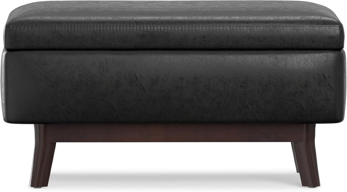 SIMPLIHOME Owen 36 inch Wide Mid Century Modern Small Rectangular Storage Ottoman in Distressed Black Vegan Faux Leather, Assembled, For the Living Room, Entryway and Family Room