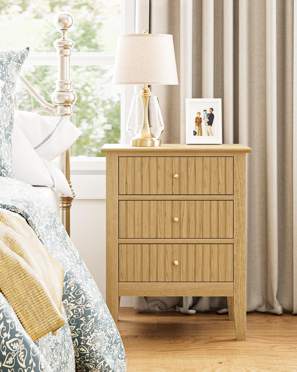Fluted Nightstand, Farmhouse Night Stand with 3 Drawers, Mid Century Modern Side Accent Table,Bedside End Table for Bedroom, Living Room, Oak