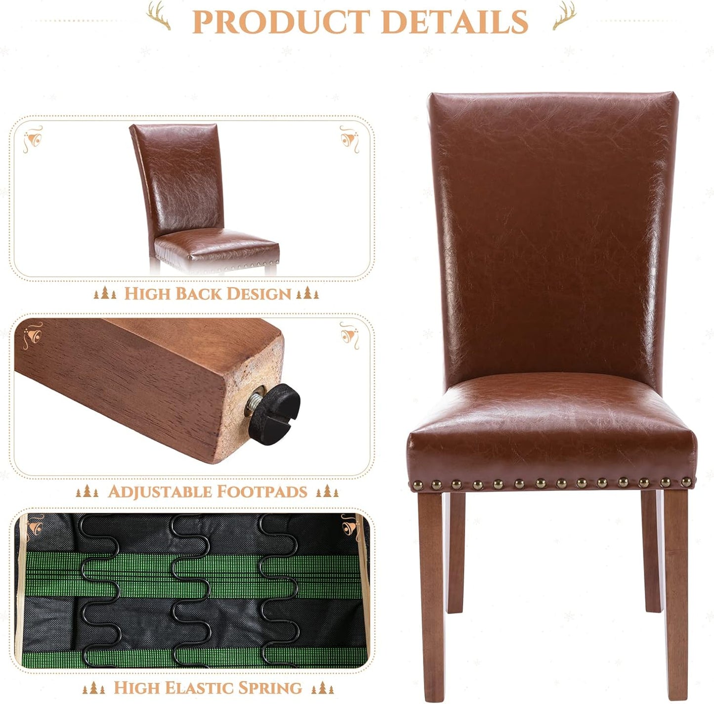 Parsons Dining Chairs Set of 4, Upholstered Nailhead PU Leather Dining Room Kitchen Side Chair with Thick Cushions and Wood Legs, Light Brown