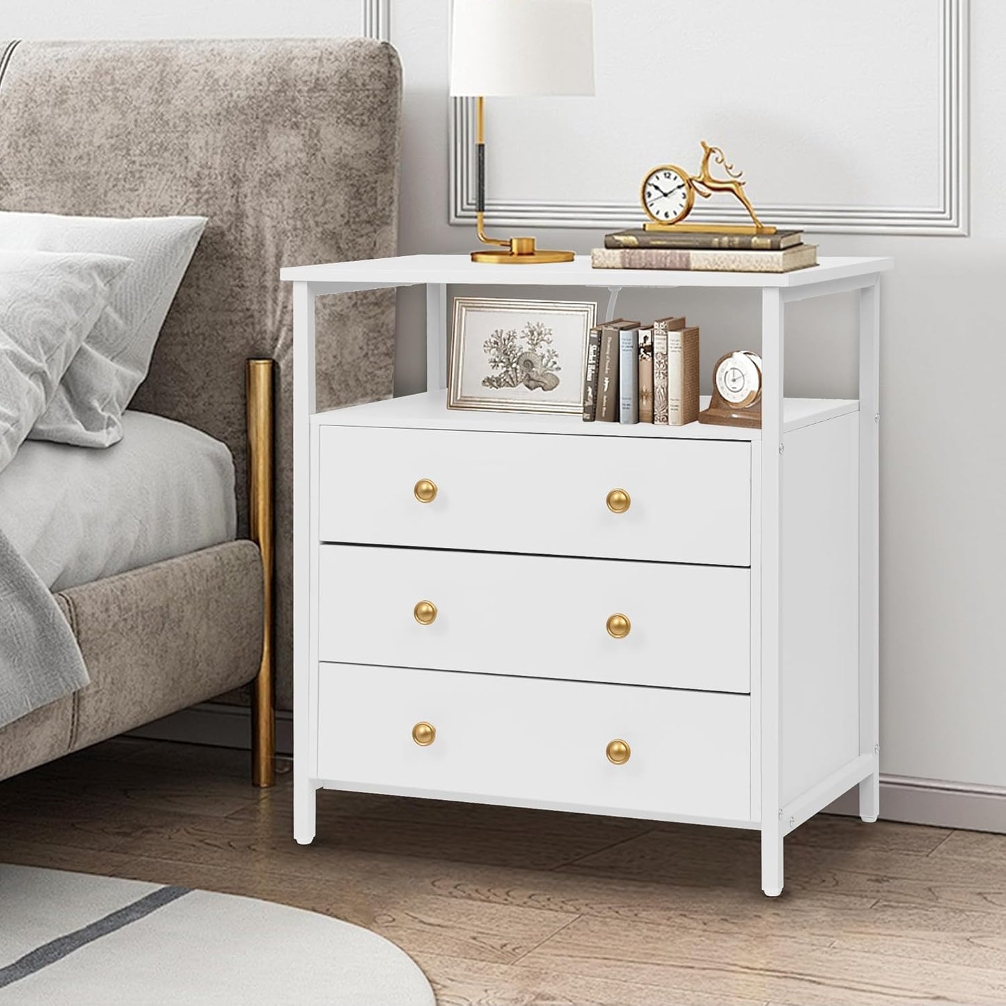 3 Wooden Drawers Nightstand, 27 Inch Wide Night Stand Set 2 with Charging Station and Adjustable Drawers, Bedside Table for Living Room/Bedroom/Office, White.