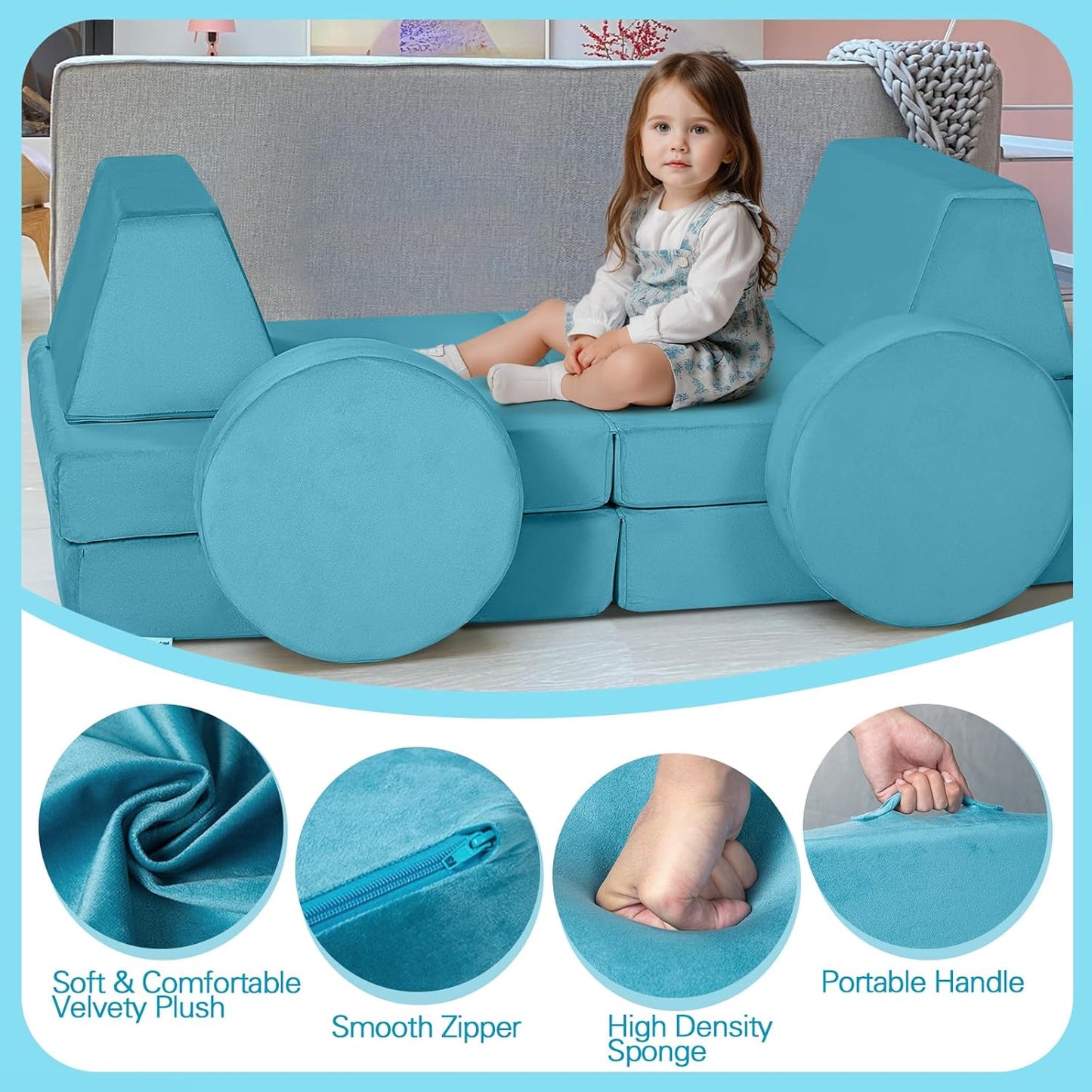 MeMoreCool Modular Kids Play Couch Sofa, 8-Piece Convertible Turquoise Toddler Sofa Play Set for Playroom and Baby