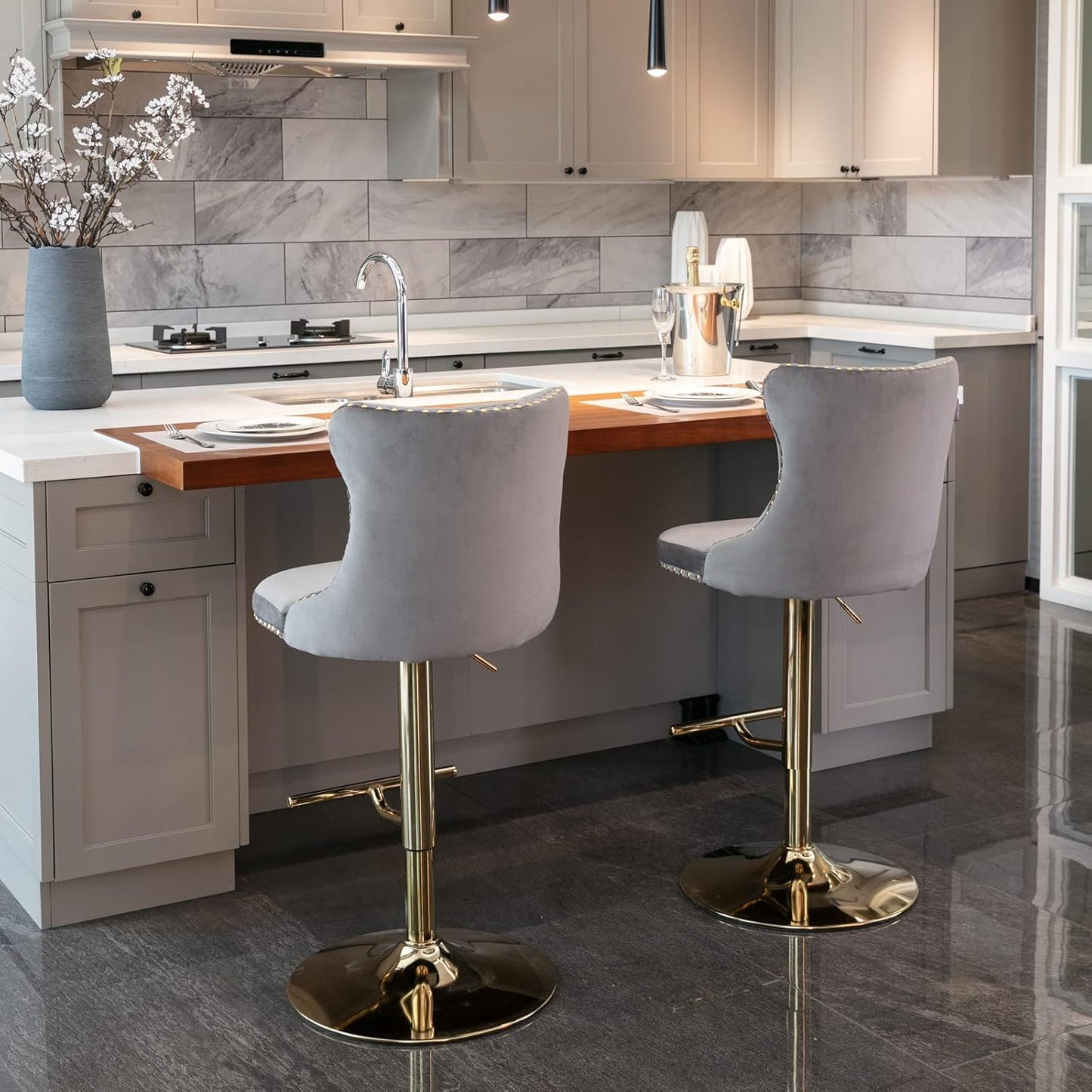 PacknWood Acosure Golden Swivel Velvet Barstools Adjusatble Seat Height from 25-33" with Comfortable Tufted,Modern Upholstered Chrome Base Bar Chairs,for Home Pub Kitchen,Gray,Set of 2