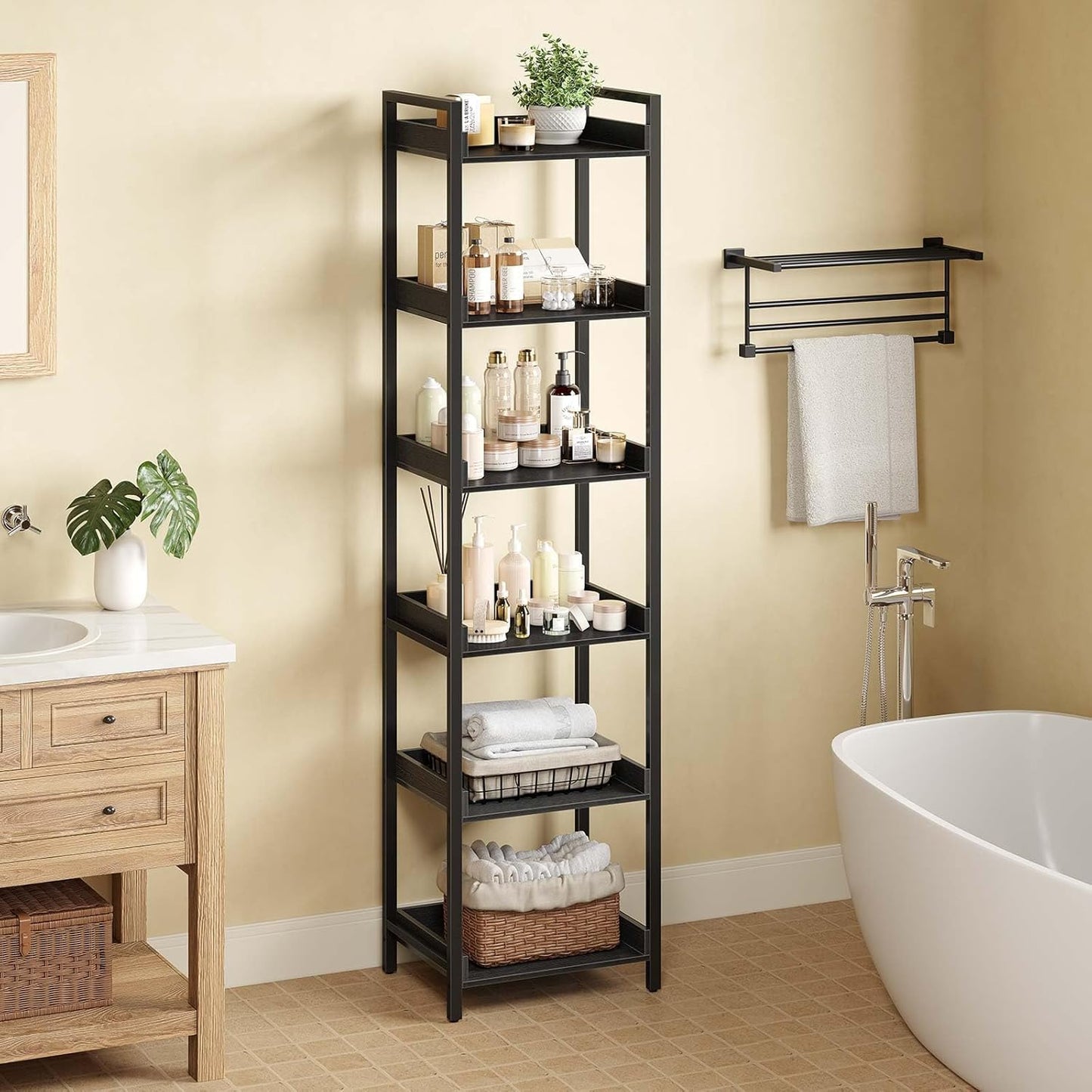 Rolanstar Bookshelf, 6-Tier Storage Rack, Narrow Corner Bookshelf, Display Wooden Shelves for Living Room, Bathroom, Balcony, Kitchen,Black