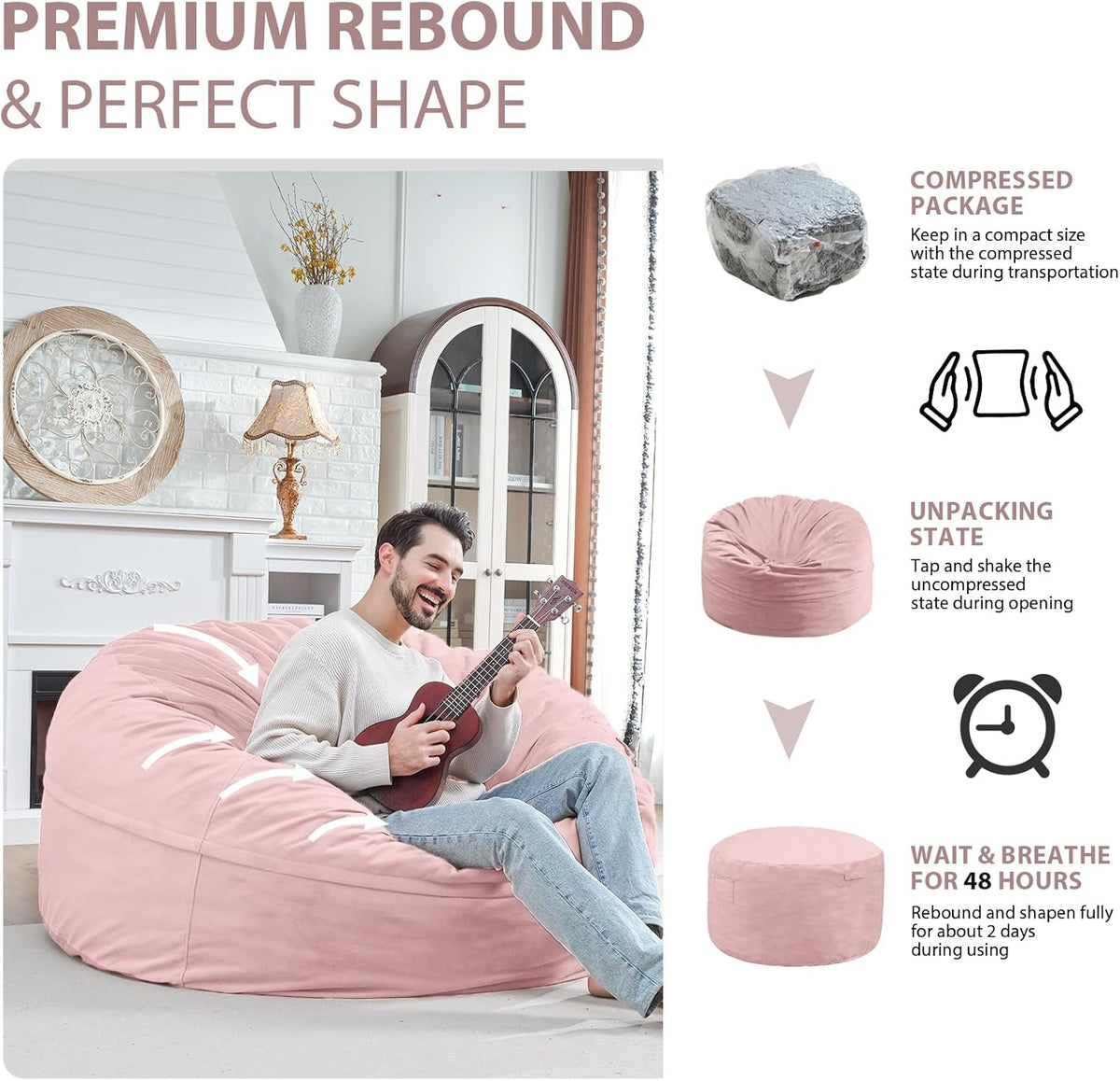 5FT Bean Bag Chair, Large Bean Bag Chairs with Memory Foam Filled, Fluffy Beanbag Sofa with Dutch Velvet Cover, Round BeanBag Chairs for Living Room, Playroom - Light Pink