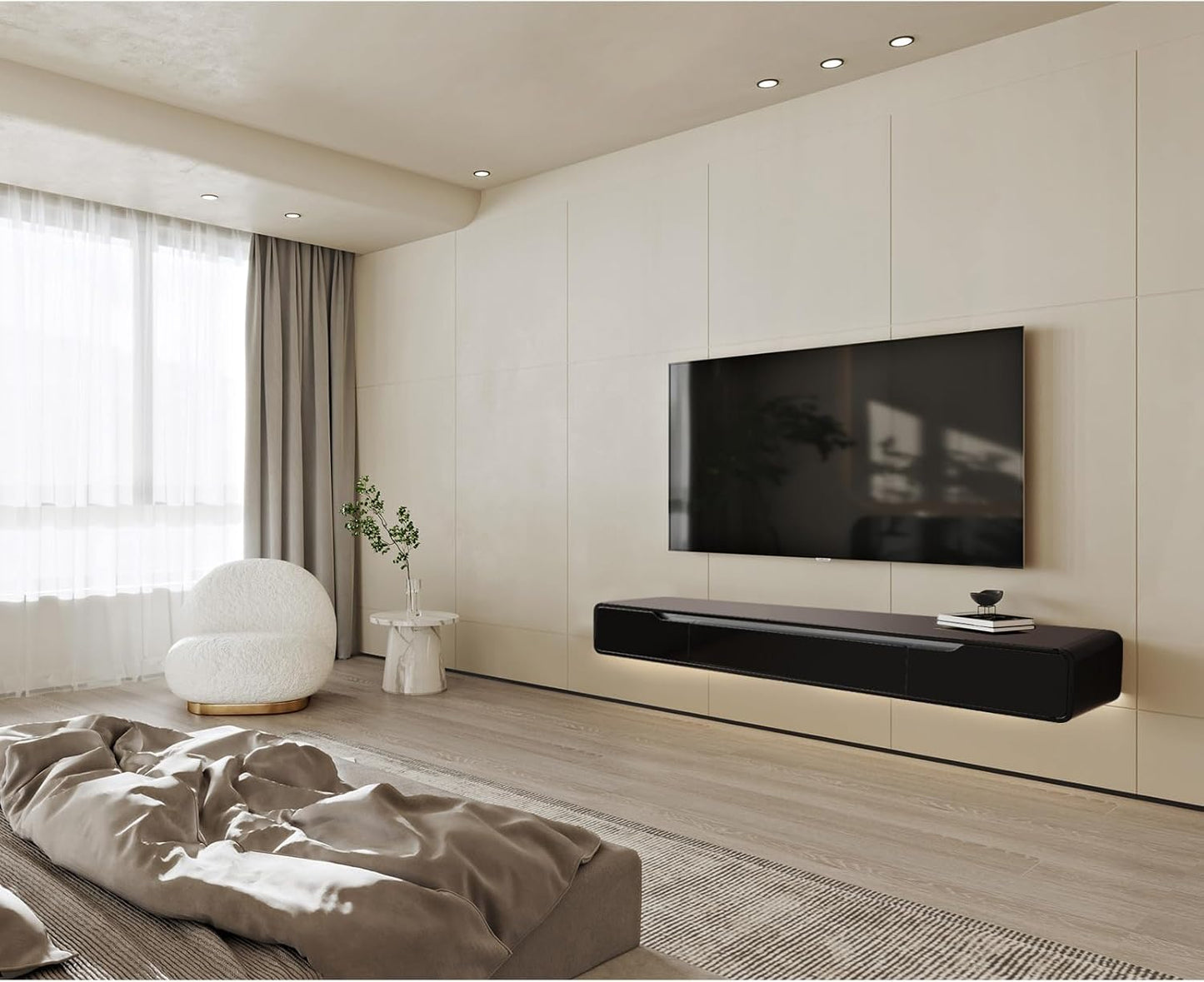 High Gloss Floating TV Stand with 3 Doors,86'' Wall Mounted TV Cabinet,Under TV Console,Floating Media Shelft for Bedroom Living Room(Black)