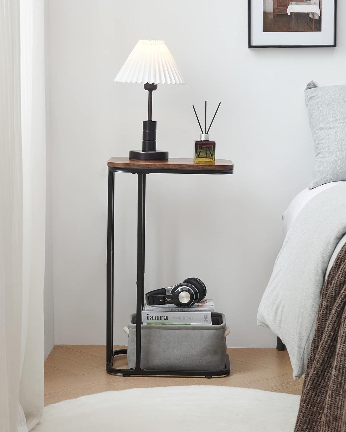 C Shaped End Table Set of 2, Small Side Table for Sofa and Bed, Couch Tables That Slide Under, Tall Tv Tray Table for Living Room, Bedroom, Rustic Brown & Black
