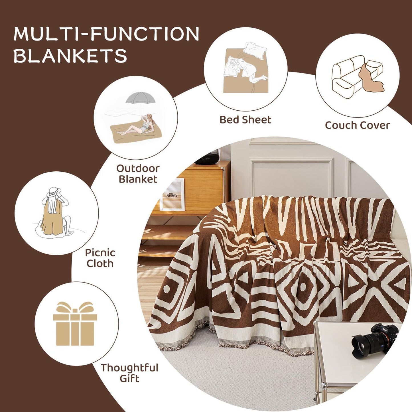STACYPIK Boho Sofa Cover for Pet, Chocolate Geometric Couch Cover for Sectional, Washable L Shape Cover, Dog Couch Protector for 3 Cushion Couch, Non Slip Jacquard Sofa Silpcover with Tassles-71X150IN