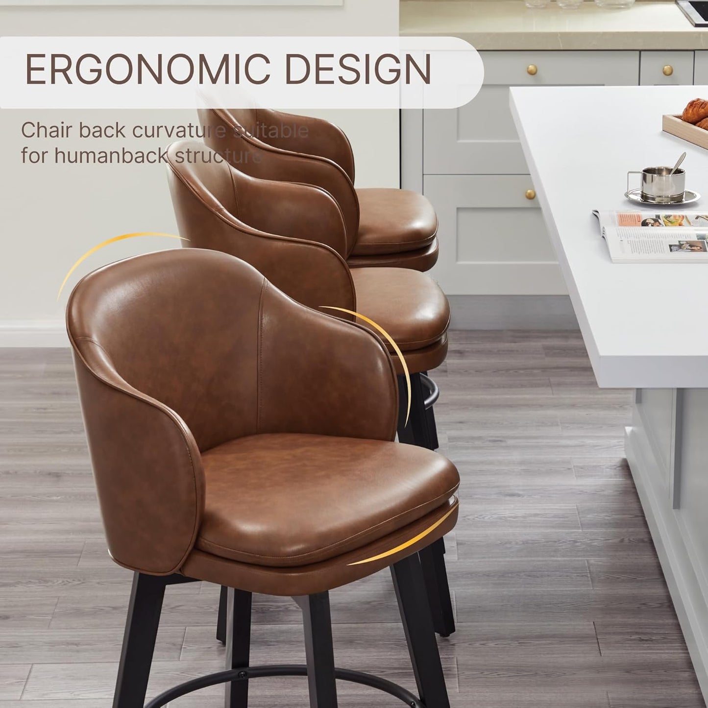 Counter Height Barstools 26 inch Upholstered Swivel Bar Stools with Back and Wood Legs for Kitchen Island,Set of 2,Brown PU Leather