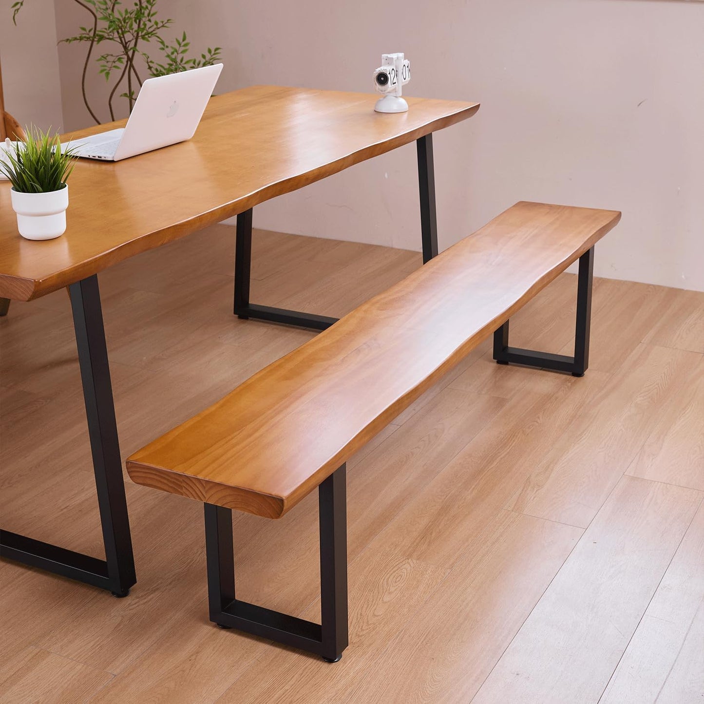 Durable Solid Wood Top Bench with Sturdy Metal Legs – Versatile Dining & Office Seating - Multi-Size Options Ideal for Living Room, Dining Room, and Home Office(Dark yellowbench, 62.99in)