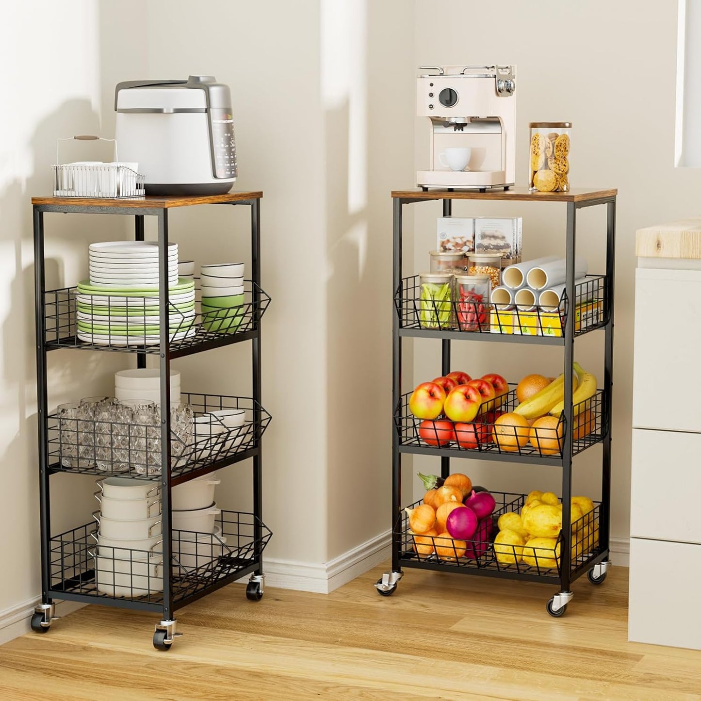 HapiRm Kitchen Fruit Vegetable Cart - 4 Tier Rolling Storage Rack with Wheels and Dividers, Coffee Station Cart Rack Shelf Organizer for Onion, Potato, Snack, Fruit, Vegetable Storage Stand, Black