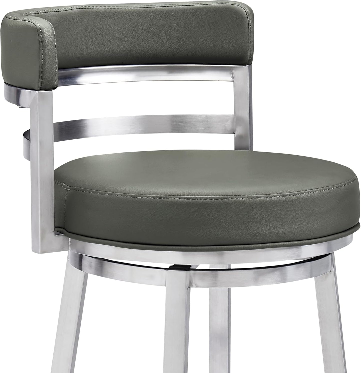 Armen Living Madrid 26" Counter Height Swivel Modern Gray Faux Leather and Brushed Stainless Steel Bar Stool for Kitchen Island Counter
