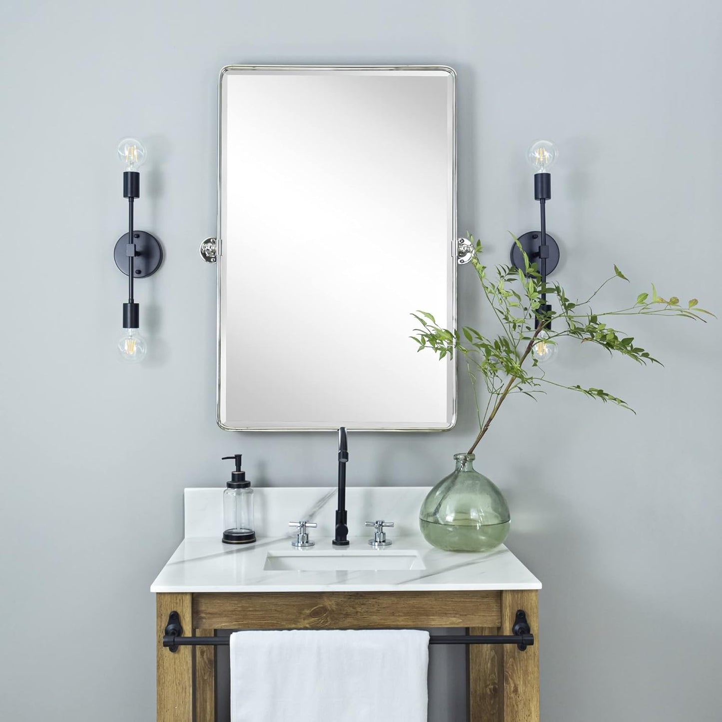 TEHOME 27 x 35'' Farmhouse Chrome Metal Framed Pivot Rectangle Bathroom Mirror Tilting Beveled Vanity Mirrors for Wall