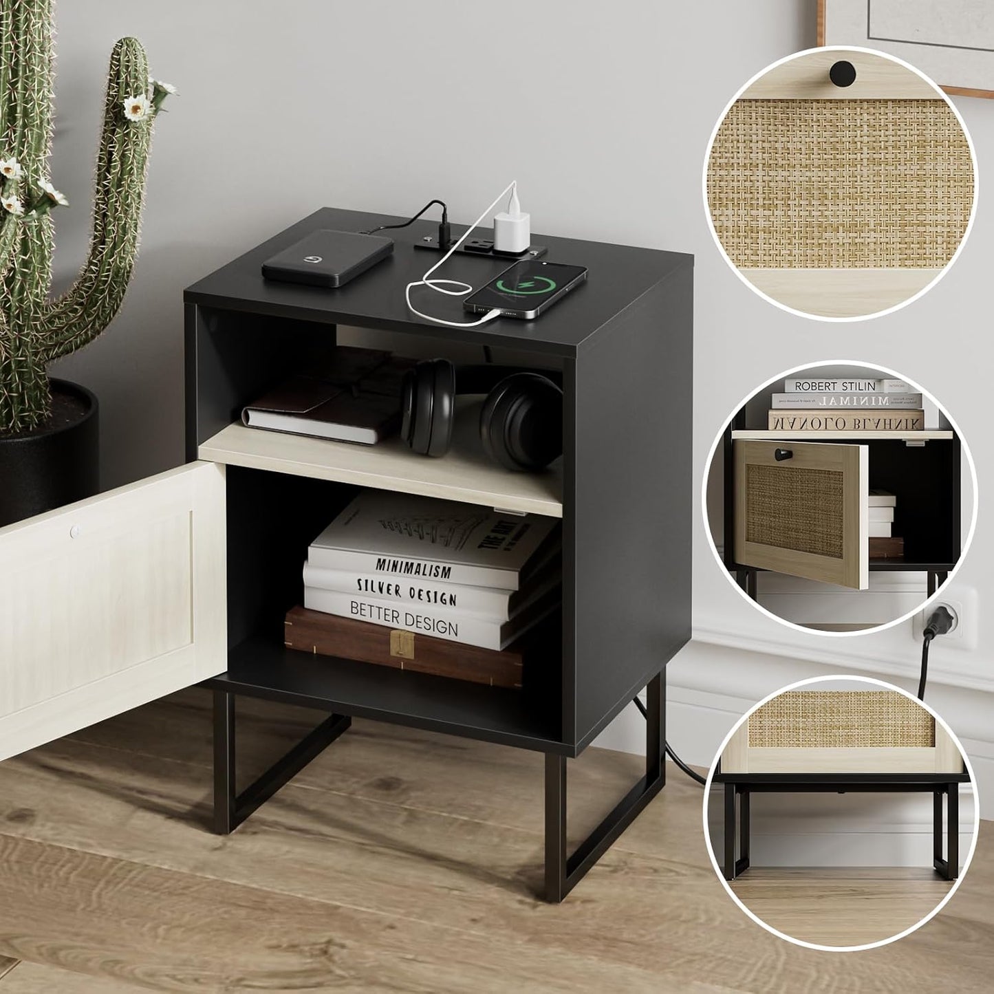 Masupu Rattan Nightstand with Charging Station,Modern Boho Farmhouse Wood Bedside Table with Storage Drawer and Open Shelf,Small Black Frame Side End Table for Bedroom,Living Room,Office (Black)