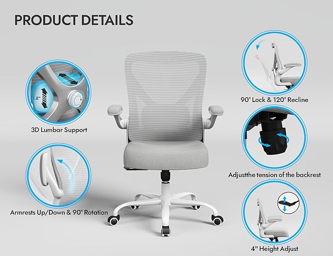 Office Chair Ergonomic Desk Chair Comfy: 330LBS Mesh Computer Chair Ergonomic Gaming Chairs with Wheels Adjustable Lumbar Support and Flip up Armrest-Swivel Executive Chairs Long Hours (Silver)