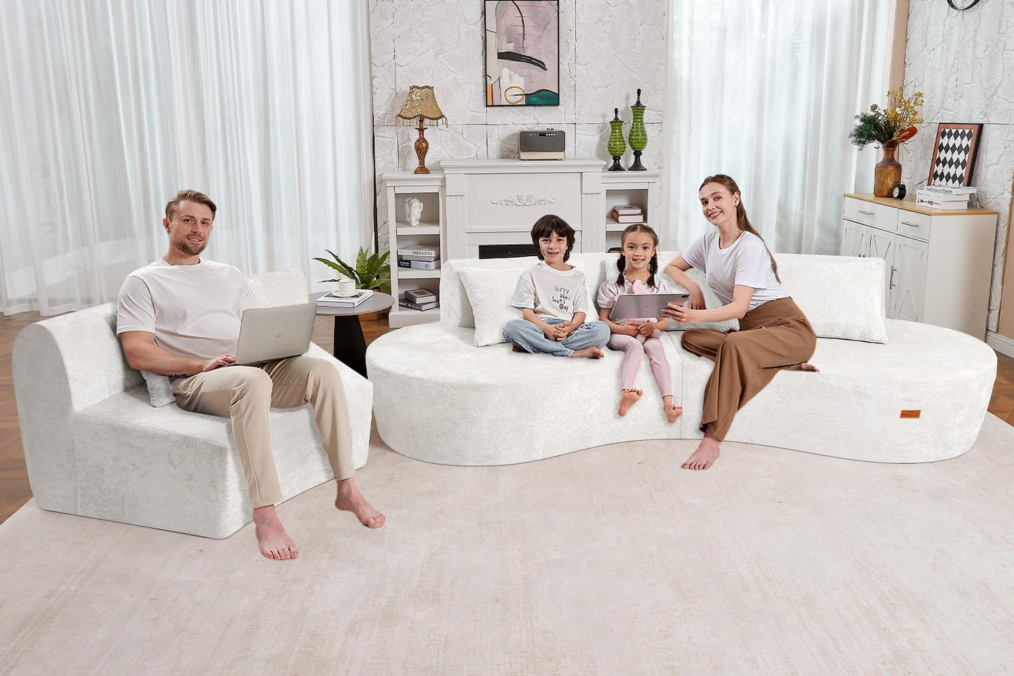 Homguava 130'' Modular Sectional Sofa,Curved Modern Sofa with Memory Foam,Deep Seat Cloud Couch with 4 Pillows,Upholstered Oversized Couches for Living Room Apartment Office,No Assembly Required-Beige