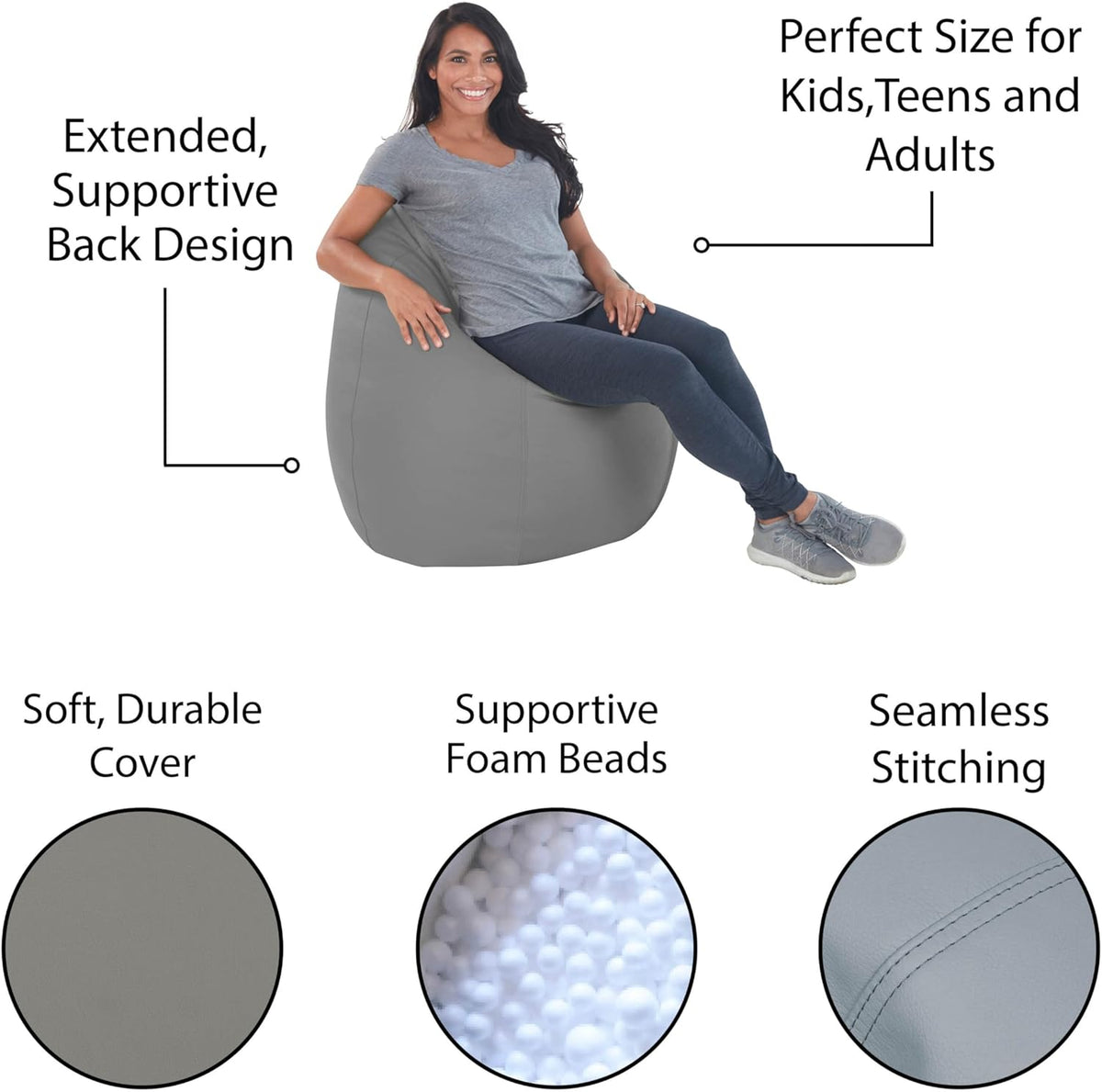 FDP SoftScape Dew Drop Bean Bag Chair with Supportive High-Back Design, For Kids, Teens and Adults, Alternative Seating for Dorms, Schools, Libraries, Daycares or Home - Gray/Light Gray