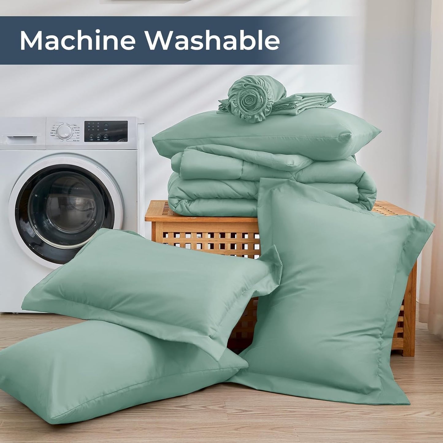 HEVUMYI Sage Green Queen Comforter Set - 7-Piece All Season Bed in a Bag Queen, Ultra Soft Bedding Set with Comforter, Flat Sheet, Fitted Sheet, Pillowcases, Pillow Shams, Sage Green