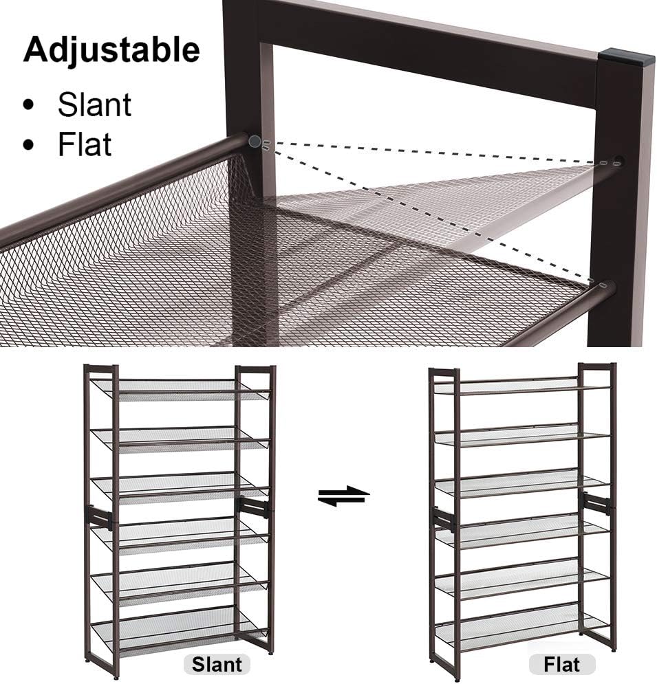 SONGMICS Shoe Rack, 6-Tier Shoe Organizer, Metal Rack for Garage, Set of 2, 3-Tier Stackable Shelf, with Adjustable Flat or Angled Shelves, 18-24 Pairs, Bronze ULMR03A-2