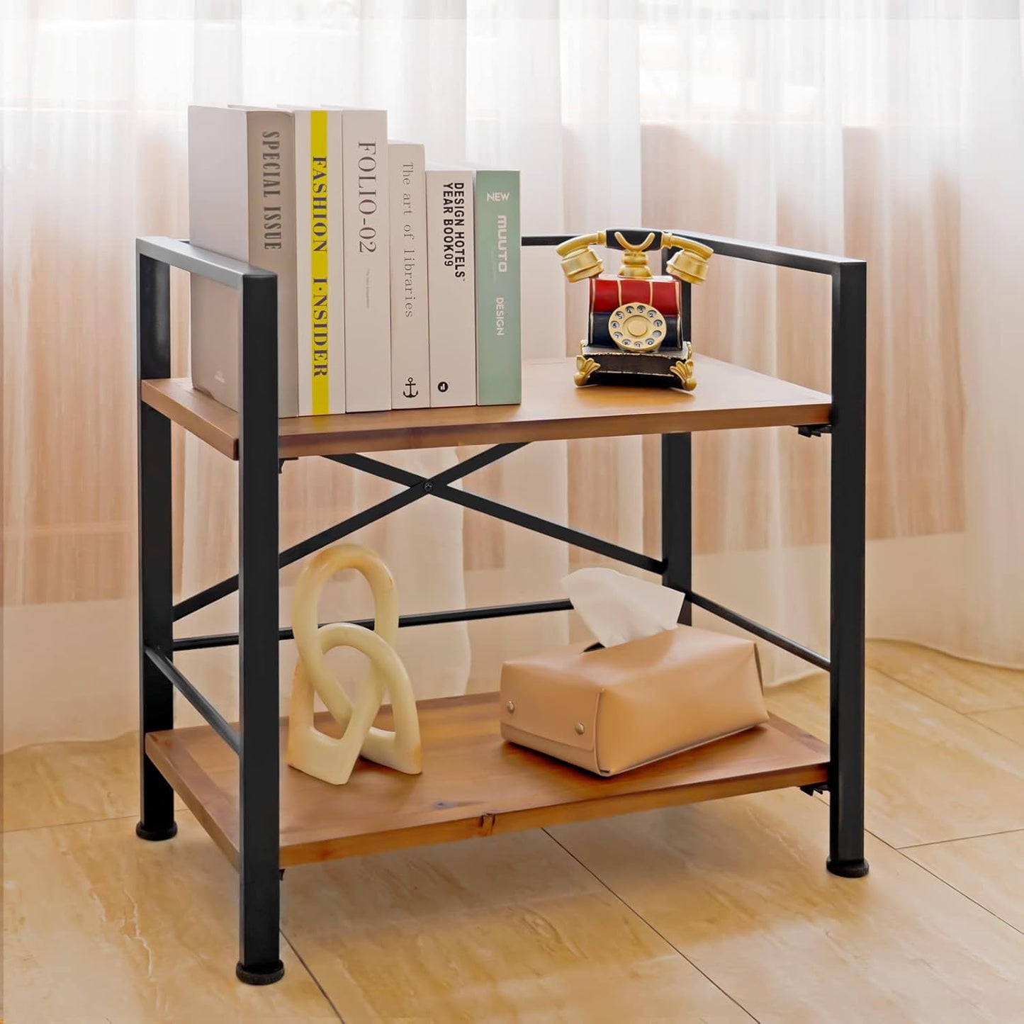 Crofy Rustic Bookshelf, 2 Tier Real Wood Bookshelf, Metal Book Shelf for Storage, Black Bookcase, 12.6" D x 23.62" W x 22.83" H