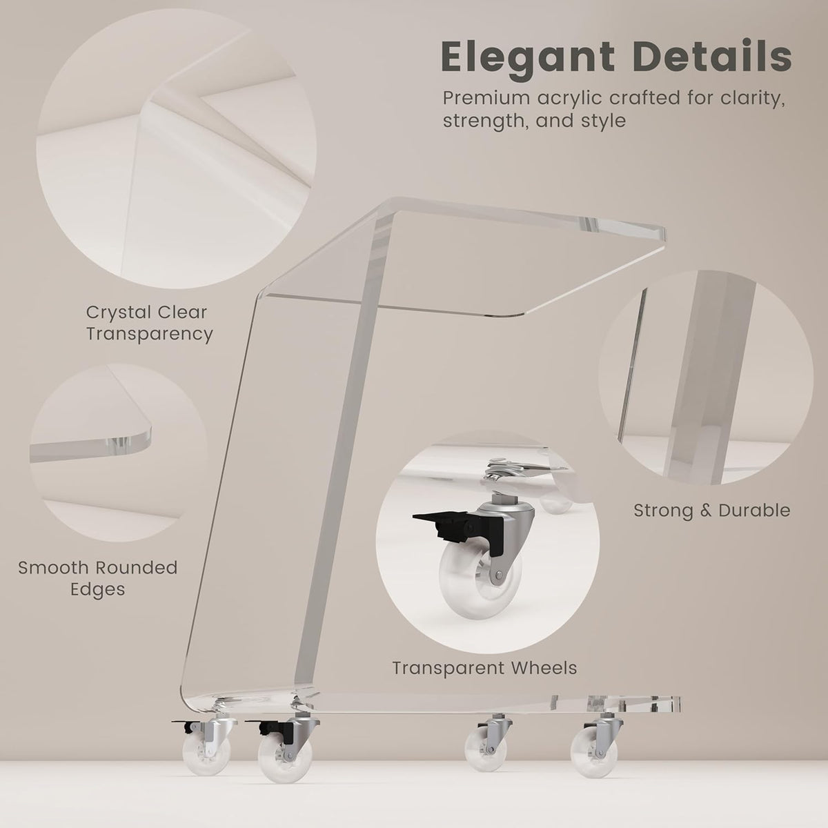 2-Pack Clear Acrylic C Shaped Side Table with Wheels, Modern End Tables for Sofa, Couch, and Bed β 15mm Thick Durable Acrylic Small Snack Laptop Tables for Living Room & Bedroom