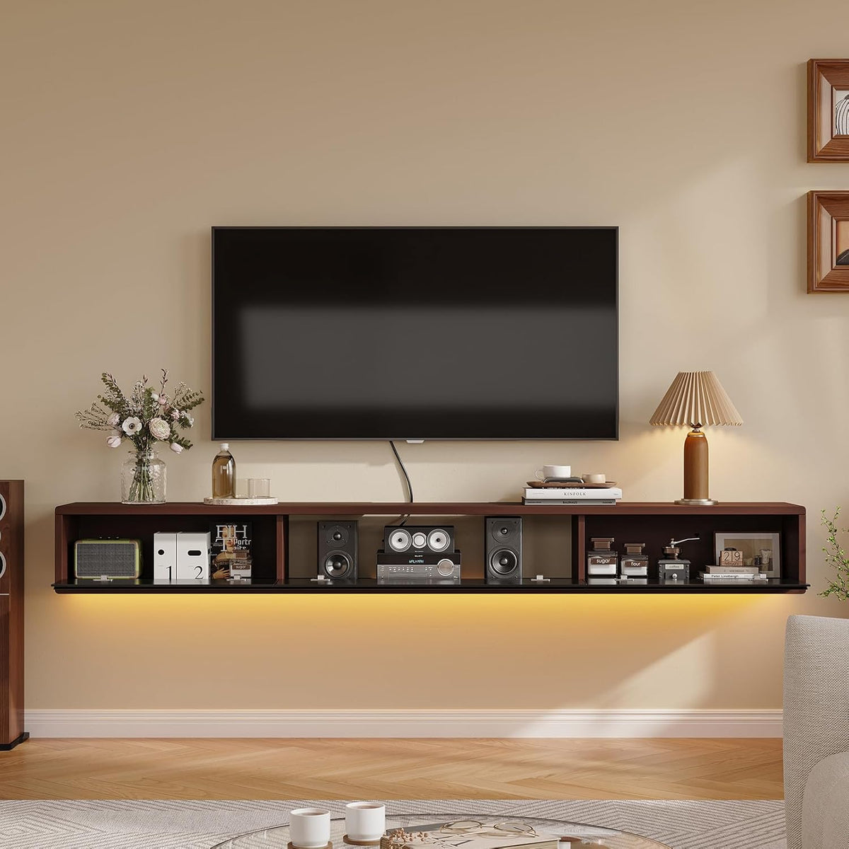 Floating TV Stand Matte Finish, 47'' Wall-Mounted TV Cabinet,Floating TV Console,Under TV Shelf with 3 Doors for Living Room Bedroom(Walnut+Black)