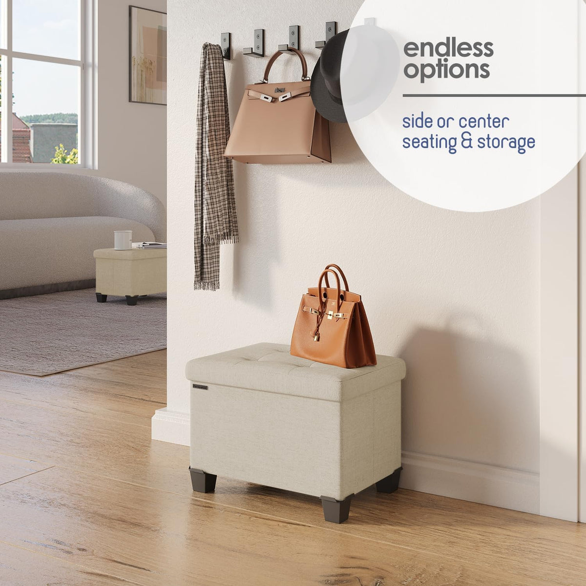 STORAGEBUD Storage Ottoman Cube with Small Bin, 16-in Square Ottoman with Storage for Living Room and Bedroom, Small Ottomans Foot Rest, Fabric Foot Stools Ottomans Max 330lbs, Beige