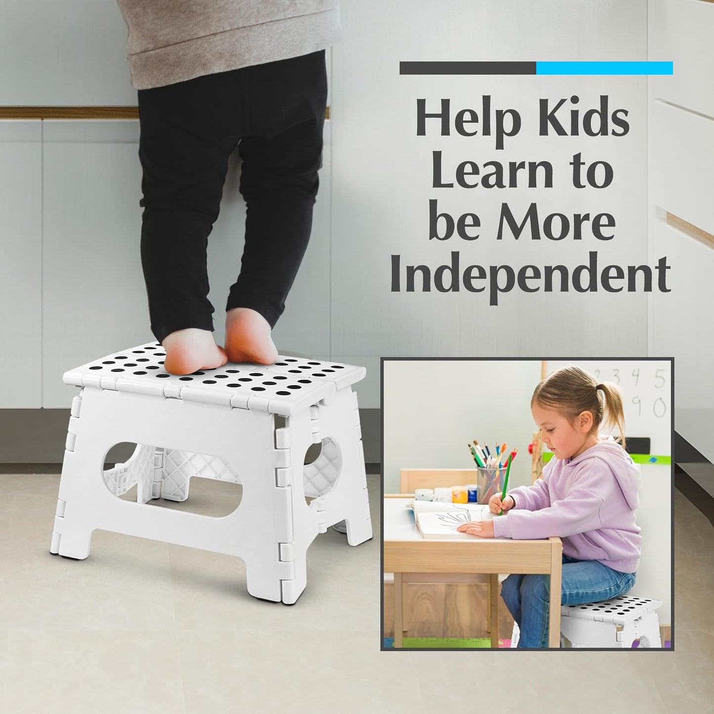 Handy Laundry Folding Lightweight Step Stool - Sturdy Enough to Support Adults and Safe Enough for Kids - Opens Easy with One Flip - Great for Kitchen, Bathroom or Bedroom (White | 2-Pack)