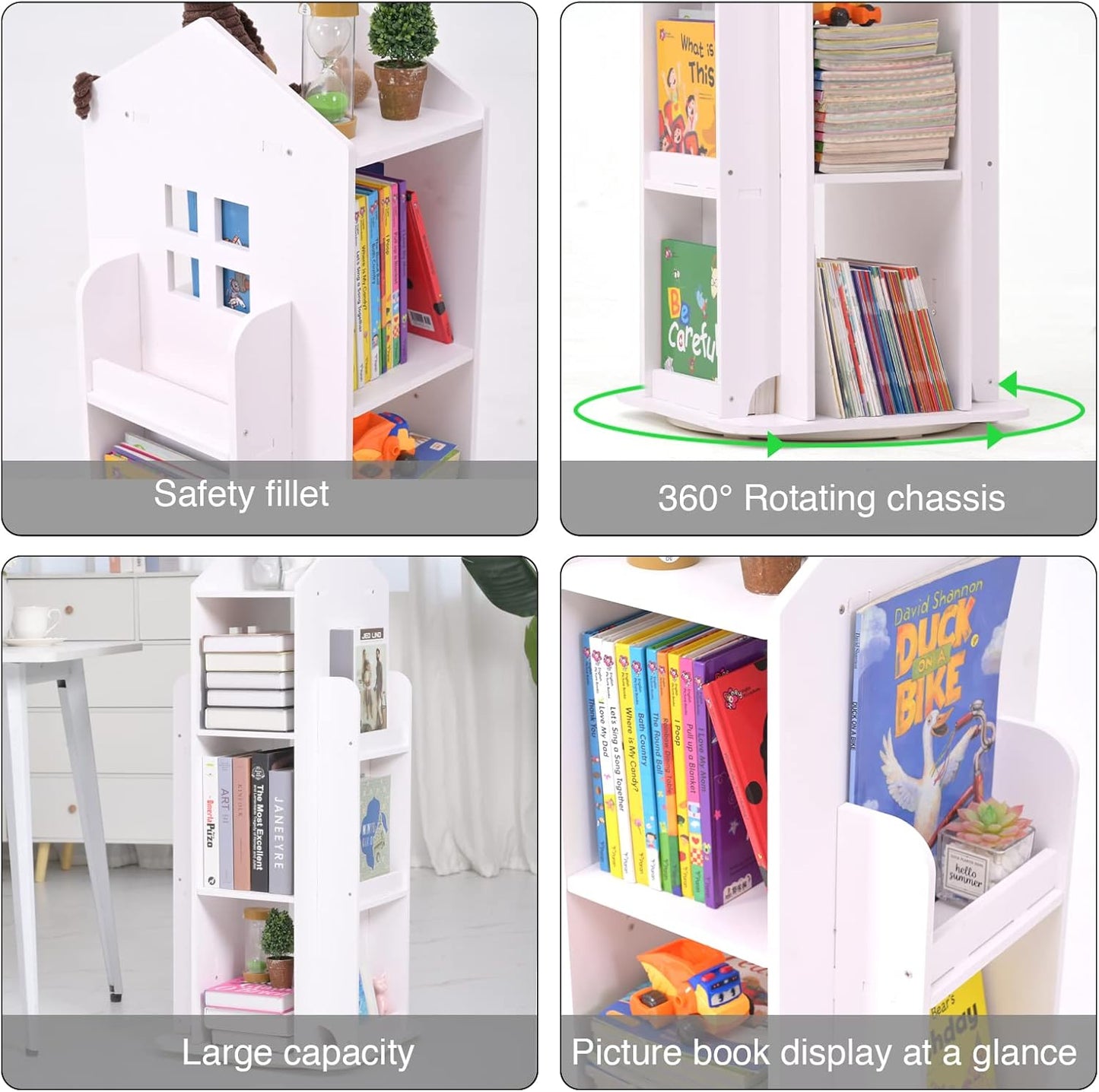 Rotating Bookshelf, 360 Display 3 Tier Floor Standing Bookcase Storage Rack, Kids Book Shelf Organizer, Small Corner Bookshelf for Small Space, for Bedroom, Living Room, White