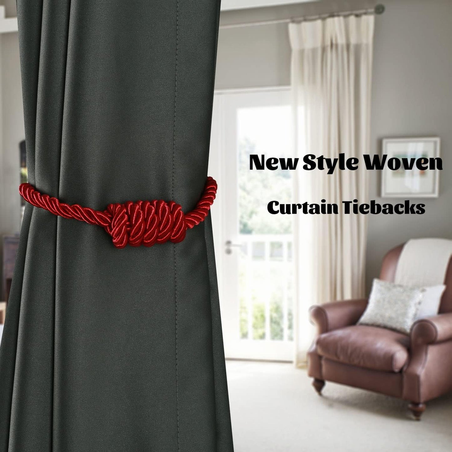 BEL AVENIR Magnetic Curtain Tiebacks, Decorative Drapery Holdbacks Modern Woven Tie-Backs with Exquisite Knot (Red, 2 Pack)