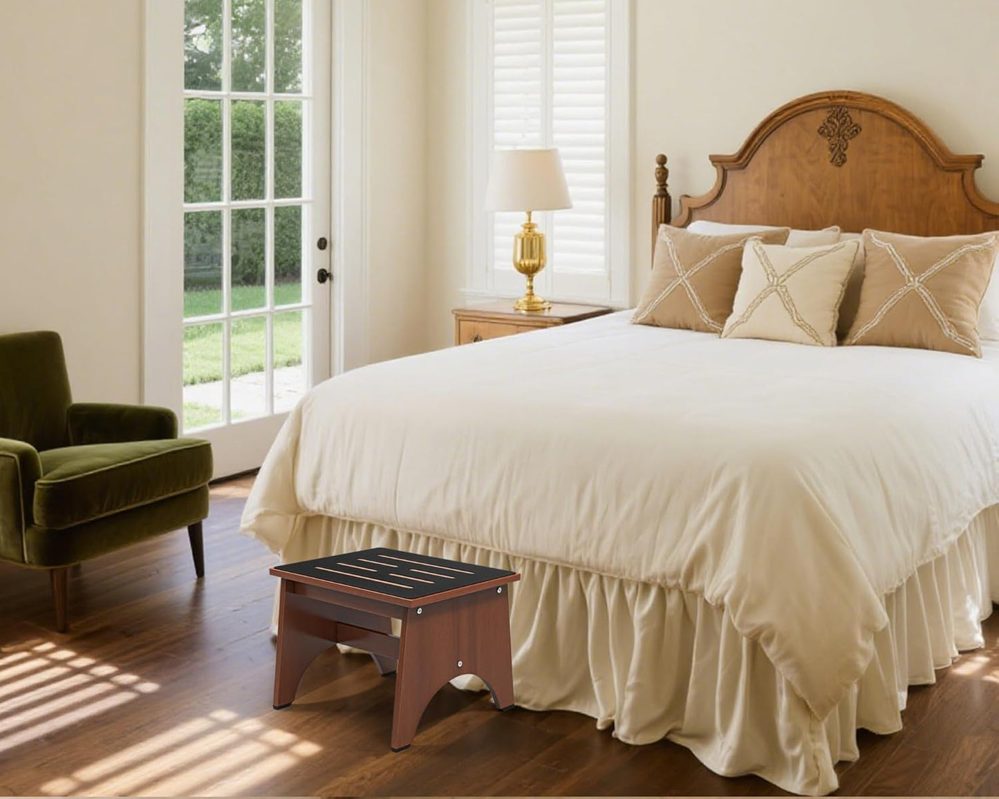 One Step Stool for Adults Seniors with Non-Slip Rubber Stepping Feet, Heavy Duty Wooden Step Stool, Portable Bed Steps for High Beds (Brown, 12 Inch)