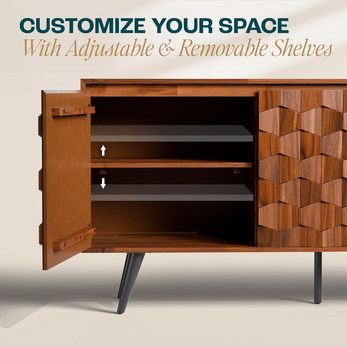 Bme Georgina Solid Wood Sideboard with Geometric Pattern, 2 Doors and 3 Drawers, 61 Inch Mid Century Modern Sideboard Cabinet for Kitchen, Dining Room, Living Room, Dark Choco