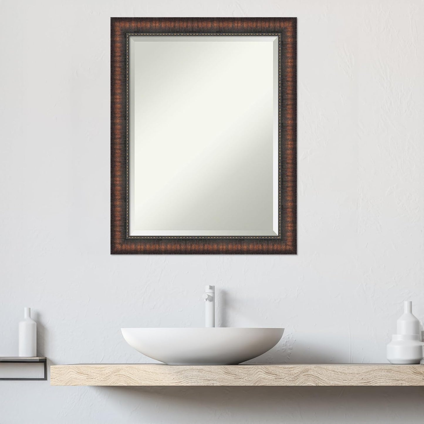 Amanti Art Brown Bathroom Mirror for Over Sink, 28x22 Caleb Brown Rectangle Vanity Mirror, Medium Rustic Farmhouse Frame, Hangs Horizonally and Vertically, Bathroom Wall Decor, Beveled Edge