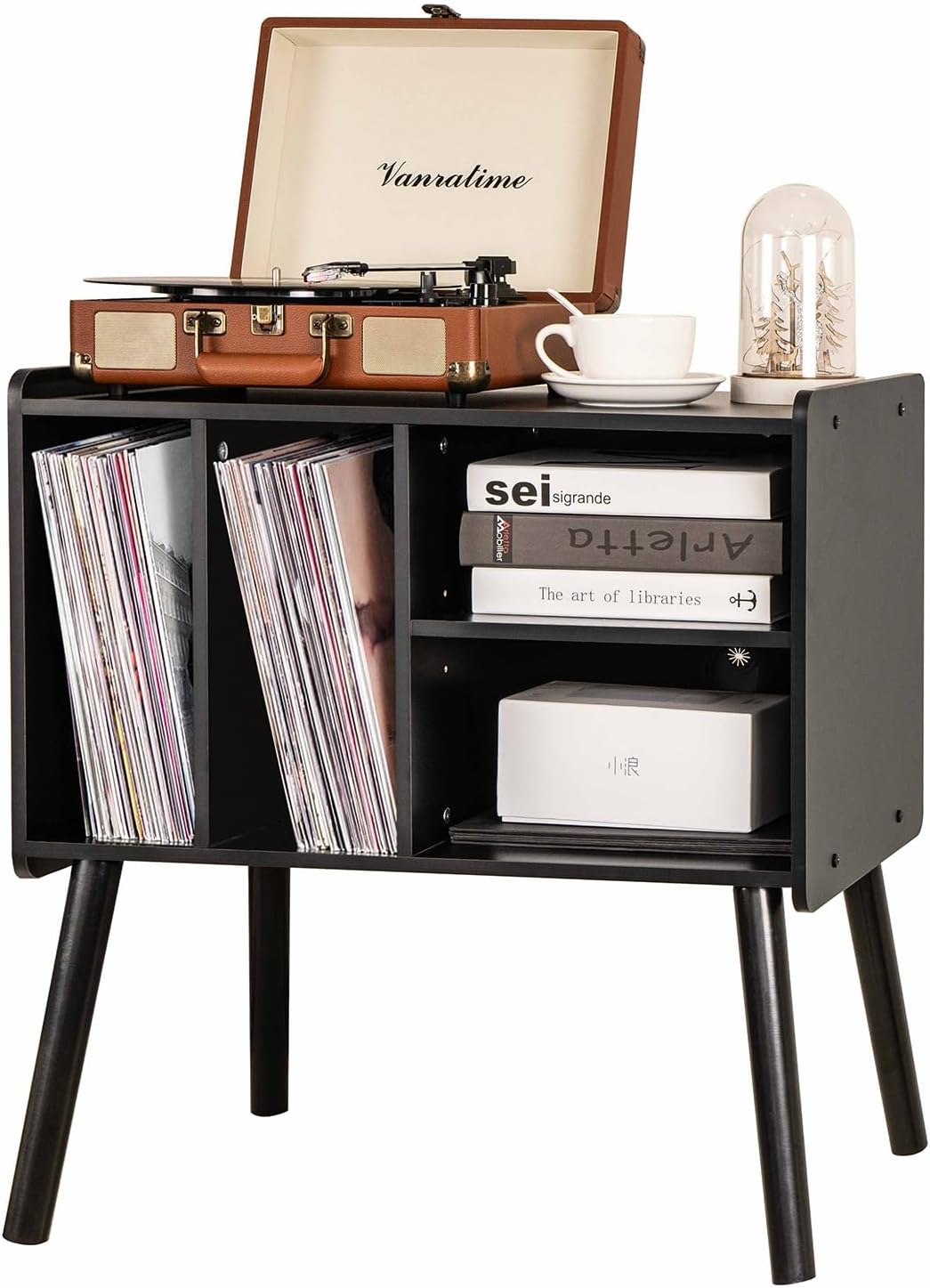 Record Player Table, Mid-Century Record Player Stand with Vinyl Storage Hold Up to 150+ Albums, Vinyl Record Cabinet with Adjustable Shelves, Wood Turntable Stand for Music Living Room (Black)