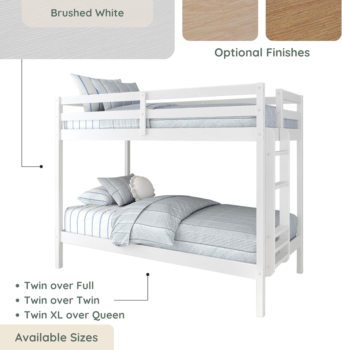 Grain & Grove Bear Twin Over Twin Bunk Bed, Sturdy Bunk Bed Frame for Kids, Plywood Bunk with Ladder, Guardrail, and Slats, No Box Spring Required, Brushed White