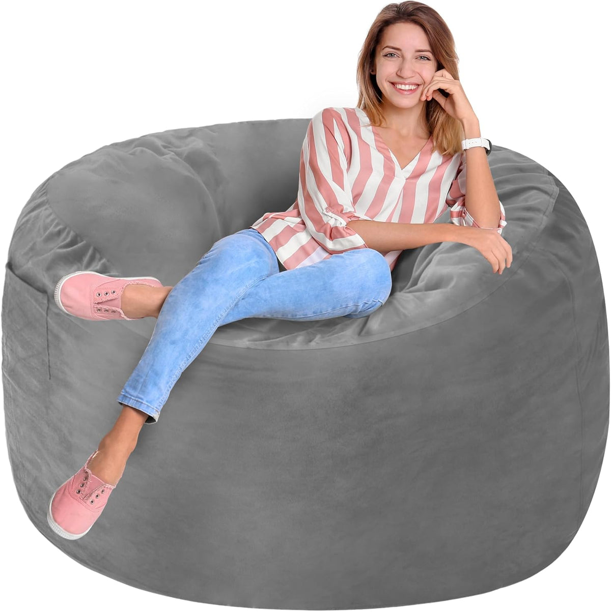 Homguava 3FT Bean Bag Chair: 3' Bean Bags with Memory Foam Filled, Large Beanbag Chairs Soft Sofa with Dutch Velet Cover-Light Grey