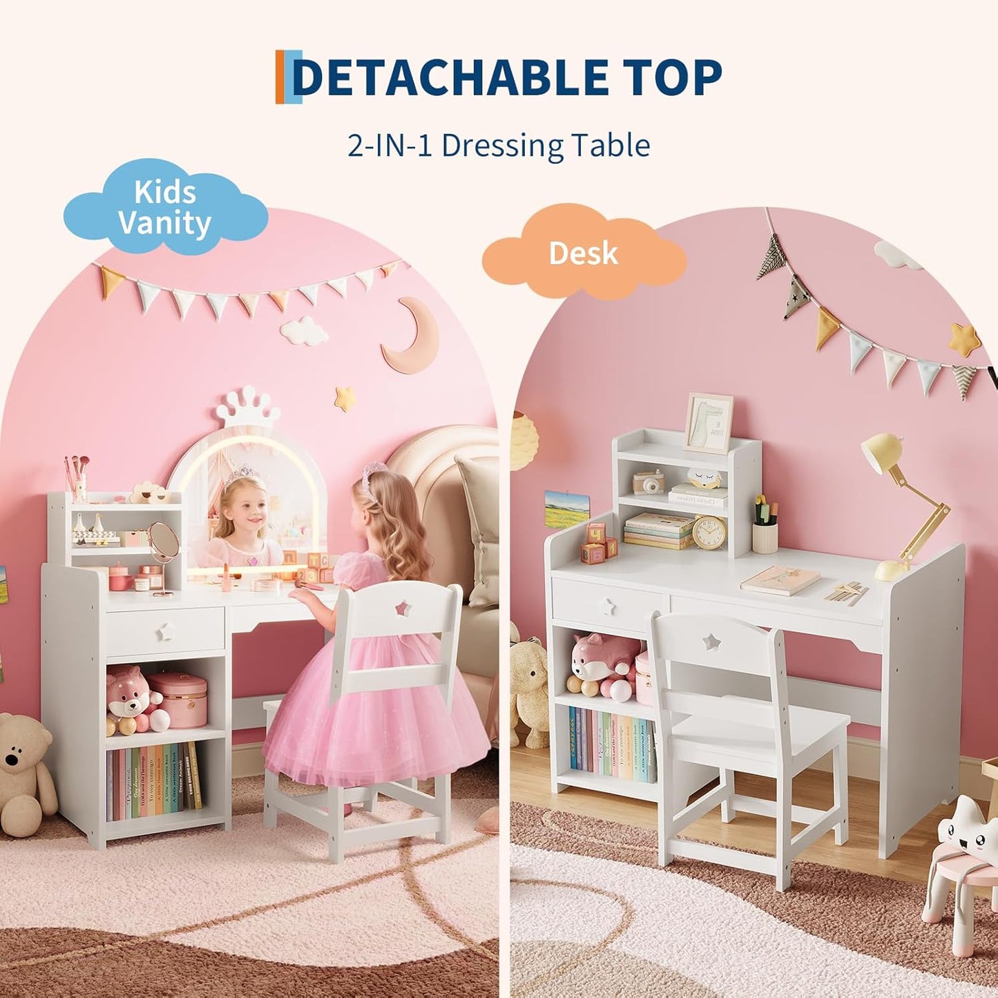 IDEALHOUSE Kids Vanity Table and Chair Set with Mirror and Lights, White Makeup Vanity Desk with Drawer and Open Storage Shelves, Wooden Dressing Table for Little Girls Bedroom