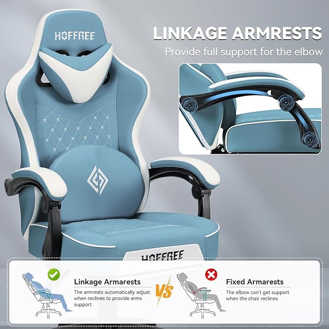 HOFFREE Gaming Chair with Speakers Massage Computer Gaming Chair with Pocket Spring Cushion for Adults Reclining Gamer Chair with Bluetooth Video Game Chairs with Footrest Stone Blue and White