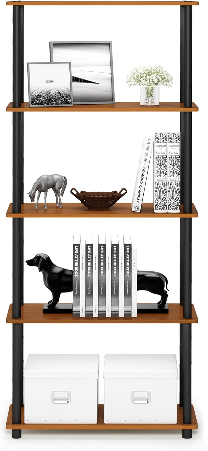 Furinno Turn-N-Tube 5-Tier Multipurpose Shelf / Display Rack / Storage Shelf / Bookshelf, Round Tubes, Light Cherry/Black
