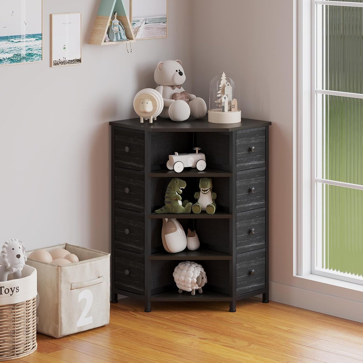 LUMTOK 8 Drawers Corner Dresser with Storage Fabric Drawers and Open Shelves for Small Space,Bedroom,Entryway,Living Room (Black Wood Veins)