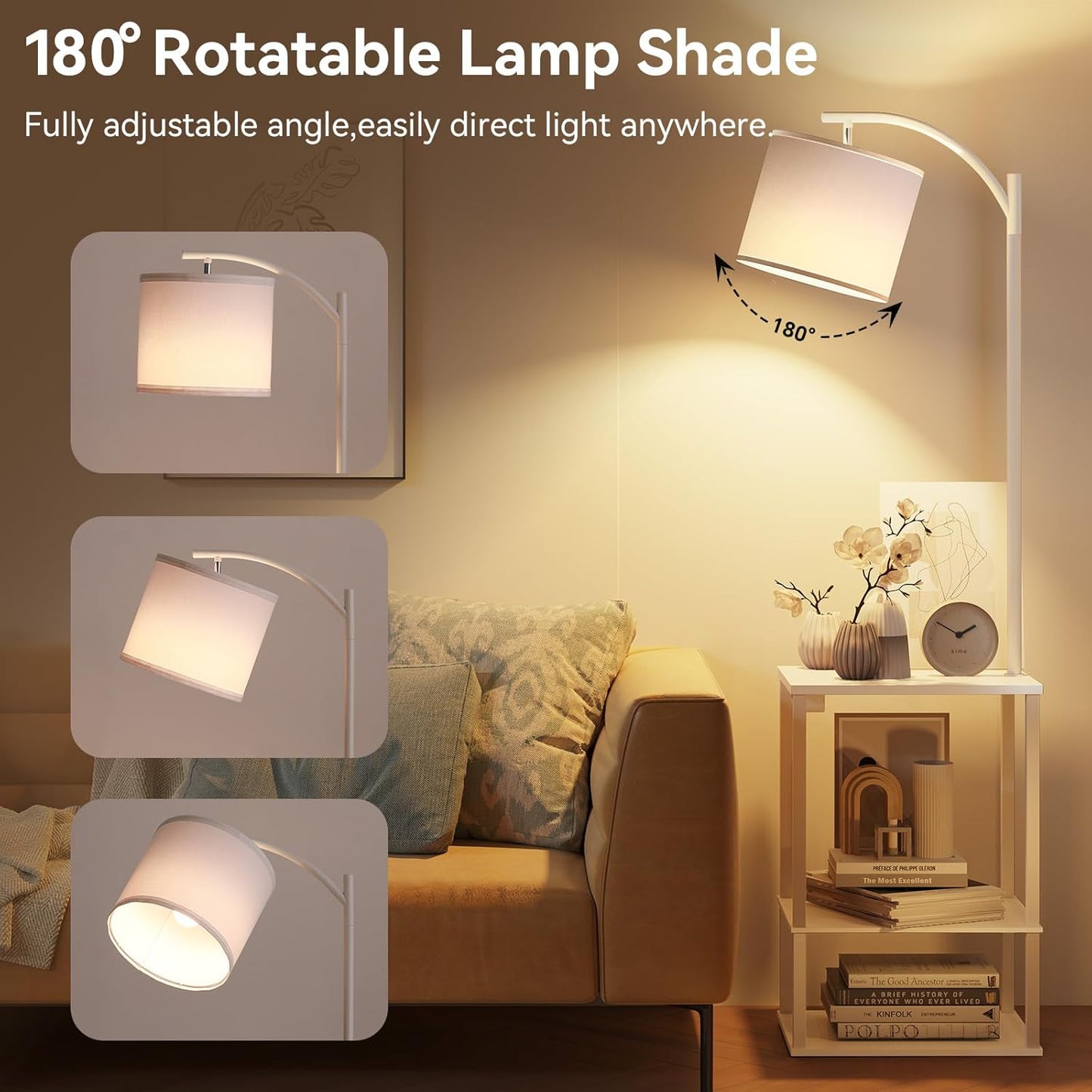 SUNMORY Floor Lamp with Table, End Table for Living Room with Lamp, Shelves Side Table with Charging Station(USB & AC Port), 3 Color Temperature LED Bulb, Modern Nightstand Lamp for Bedroom, Office